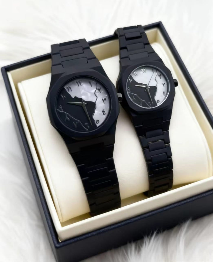 Aura Black Marble Couple Watch | Arabic Dial + Steel Lock + Water-Resistant